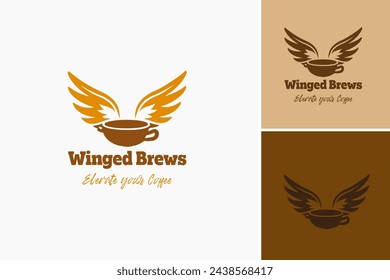 winged brews logo design template, Close up of a coffee cup with wings, ideal for designs related to energy, motivation, creativity, and the concept of flying.