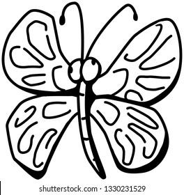 Winged bug cartoon line drawing, vector, horizontal, over white