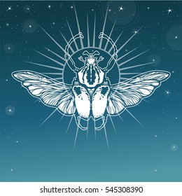 Winged bug. Esoteric symbol. Background - the night star sky.  Vector illustration.