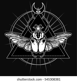 Winged bug. Esoteric symbol, sacred geometry. Sign of the moon. Monochrome drawing isolated on a black background. Vector illustration. Print, posters, t-shirt, textiles.