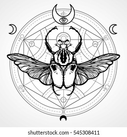 Winged bug. Mystical circle. Esoteric symbol, sacred geometry. Sign of the moon. Monochrome drawing isolated on a white background.  Vector illustration. Print, posters, t-shirt, textiles.