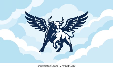 Winged bull with large wings flying through cloudy sky