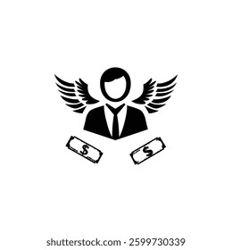 Winged Business Icon: Black-and-White Illustration of a Suited Figure with Dollar Bills and Aspirational Wings