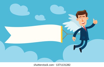 Winged businessman flying in the sky with big blank banner. Promotion concept. Advertising manager. Business vector illustration, flat cartoon style.