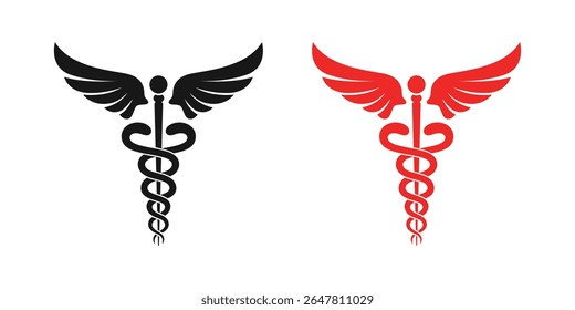 Winged Caduceus Symbol with Red and Black Versions for Medical and Healthcare Themes Vector Graphics