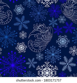 Winged cat on the moon in snowflakes. Silhouette of a fantasy animal on a dark festive background. New Year and Christmas seamless pattern.