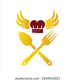 Winged chef hat logo with crossed golden spoon and fork for culinary branding
