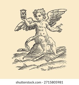 Querubín alado sosteniendo objetos simbólicos en estilo clásico de grabado vintage, adecuado para diseños religiosos, decorativos y alegóricos.