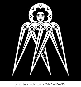 Winged Christian angel or cherub. Medieval illuminated manuscript design. Black and white silhouette.