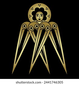 Winged Christian angel or cherub. Medieval illuminated manuscript design. Black and gold silhouette.