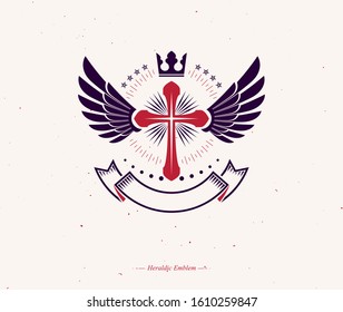 Winged Christian Cross emblem composed with royal crown and luxury ribbon. Heraldic Coat of Arms decorative logo isolated vector illustration. Religion and spirituality theme symbol.