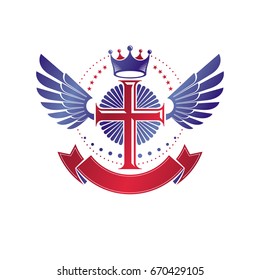 Winged Christian Cross emblem composed with royal crown and luxury ribbon. Heraldic Coat of Arms decorative logo isolated vector illustration. Religion and spirituality theme symbol.
