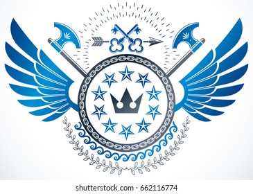 Winged classy emblem, vector heraldic Coat of Arms created using security keys, royal crown and stars