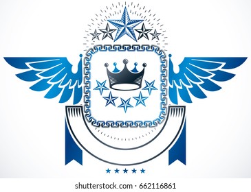 Winged classy emblem, vector heraldic Coat of Arms created using royal crown and pentagonal stars