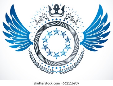 Winged classy emblem, vector heraldic Coat of Arms created using monarch crown, pentagonal stars and laurel wreath 