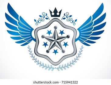 Winged classy emblem, vector heraldic Coat of Arms created using monarch crown, pentagonal stars and laurel wreath