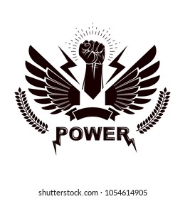 Winged clenched fists of angry people vector emblem. Power and authority conceptual illustration, nonconformist idea.