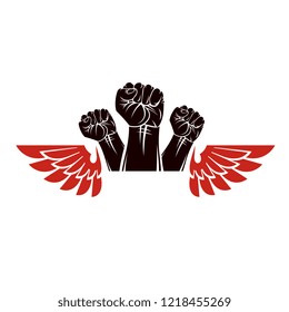 Winged clenched fists of angry people vector emblem. People demonstration, fighting for their rights and freedom.