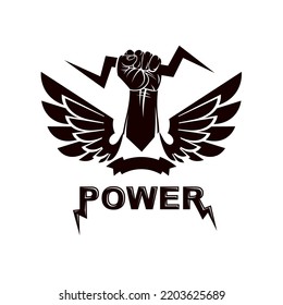 Winged clenched fists of angry people vector emblem. Power and authority conceptual illustration, nonconformist idea.