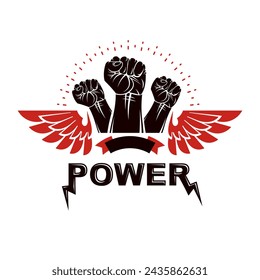 Winged clenched fists of angry people vector emblem. People demonstration, fighting for their rights and freedom.