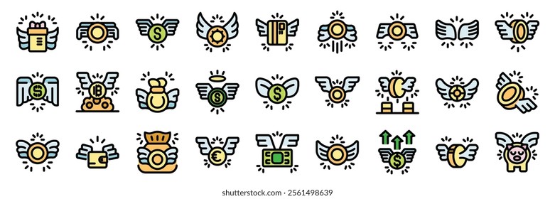 Winged coins, banknotes, money bags, credit cards, piggy banks and stacks of coins representing fast money transfer, easy transaction and financial freedom