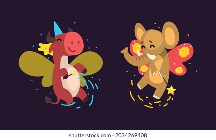 Winged Cow and Elephant Flying with Magic Wand Vector Set