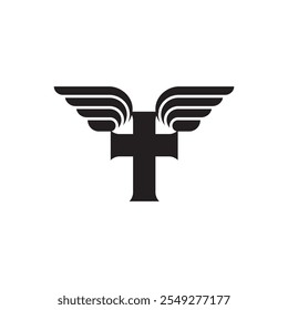 Winged cross church symbol silhouette flat icon vector design illustration, church cross flat icon, isolated on white background. 