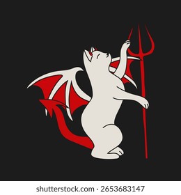 Winged Devil Cat Holding Trident in Dark Style