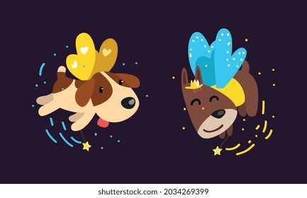 Winged Dog Flying with Magic Wand as Fairy or Pixie Vector Set