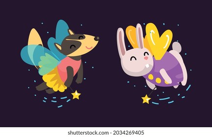 Winged Dog and Hare Flying with Magic Wand Vector Set