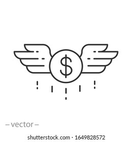 winged dollar icon, flying cash money with wings, freedom spend finance, thin line web symbol on white background - editable stroke vector illustration eps10