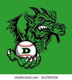 winged dragon baseball team mascot holding ball for school, college or league
