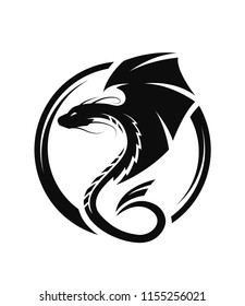 Winged dragon circle logo, symbol.