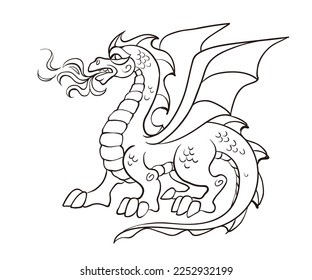 Winged dragon hand drawn outline doodle illustration. Fairytale animal dragon vector sketch illustration isolated on white background.