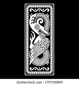 Winged Dragon. Illustration in the Scandinavian Celtic style, isolated on black, vector illustration