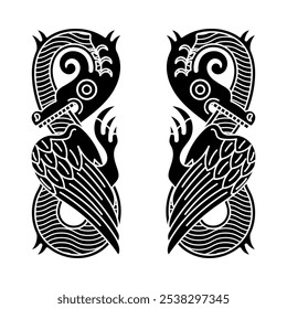 Winged Dragon. Illustration in the Scandinavian Celtic style, isolated on black, vector illustration