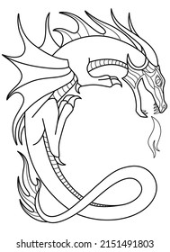 Winged Dragon spewing flames - vector linear picture for coloring. Outline. Fantasy dragon curved in the shape of the letter "C".