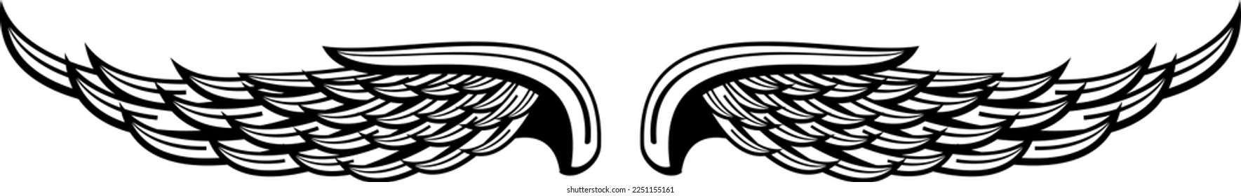 Winged emblem. Feathers label. Black ink drawing