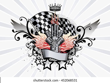 Winged Emblem racing engine and flames