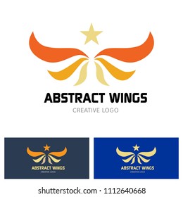 Winged emblems, frames, icons, angel and phoenix wings. Design elements for logo, emblem, sign, brand mark. Vector illustration.