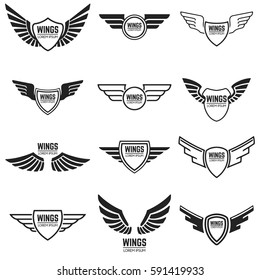 Winged emblems, frames, icons, angel and phoenix wings. Design elements for logo, emblem, sign, brand mark. Vector illustration.