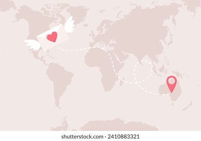 Winged envelope with heart, map pin icon and dashed route on world map background. Sending a love letter. Flat vector illustration