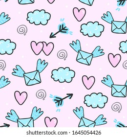 Winged envelopes, hearts, arrows, clouds on a pink background. Pattern for textiles, fabric, background, wrapping paper, Valentine's day holiday.