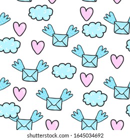 Winged envelopes, hearts and clouds on a white background. Pattern for textiles, fabric, background, wrapping paper, Valentine's day holiday.