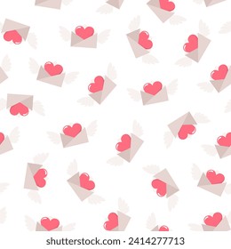 Winged envelopes with hearts inside on a white background, seamless pattern. Flat vector illustration
