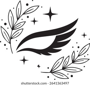 Winged Eyeliner Silhouette Black and White Line Art with Leaves and Stars