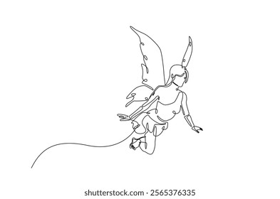 winged fairy in continuous one line drawing. Single line art draw of flying woman with wings. Editable vector.