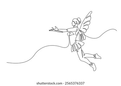 winged fairy in continuous one line drawing. Single line art draw of flying fairy with wings. Editable vector.