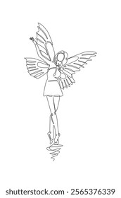 winged fairy in continuous one line drawing. Single line art draw of fairy with wings. Editable vector.