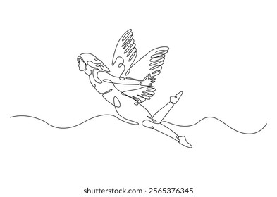 winged fairy in continuous one line drawing. Single line art draw of flying woman with wings. Editable vector.